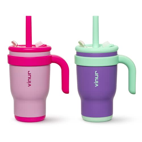 VINUR Kids Insulated Tumbler with Handle and Straw Lid | Spill Proof | Leak Resistant | 14 oz Stainless Steel Double Wall Vacuum Tumbler Travel Water Cup, Gift for Girs (Purple Pink-Purple)