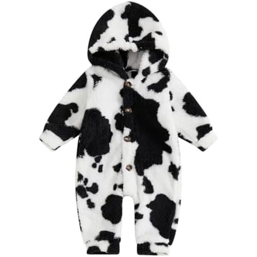 Newborn Boys Girls Fleece Western Jumpsuit Long Sleeve Button Zebra Cow Print Hooded Romper Infant Baby Winter Clothes