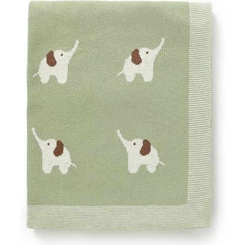 Hadetoto 100% Cotton Baby Blanket Knit Soft Cozy Swaddle Receiving Blankets Toddler Infant Blanket with Lovely Elephant for Newborn Boy Girls - Light Green, 90 x 70cm