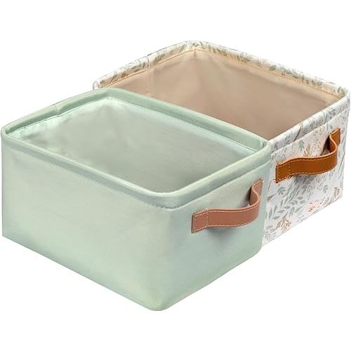 Fabric Storage Bins Cute for Nursery 8"x5.2"x10" - Collapsible Woodland & Green Kids Baskets with Handles 2 Pack, Hamper Fabric Bin, Toy Toddler Basket, Diaper Storage Bins, Baby Room Decor