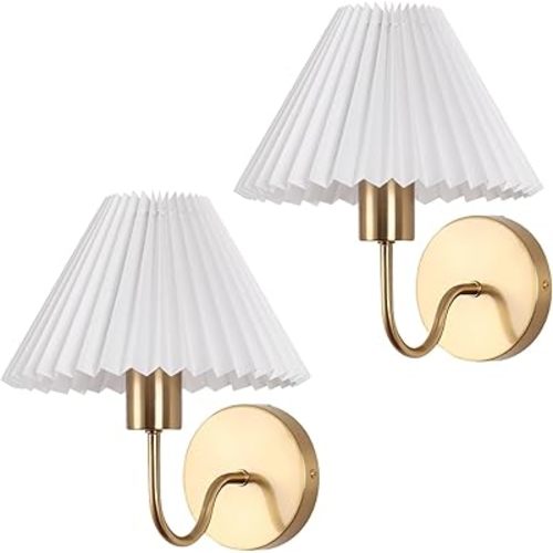 Wireless Wall Sconce Sets of 2, Pleated Shades Rechargeable Battery Operated Wall Sconce, Retro gooseneck Gold Wall Lights Bathroom Vanity Sconces, Wall Mounted Lamps for Bedroom Living Room Kitchen