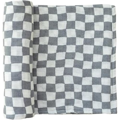 Mebie Baby Dusty Blue Wavy Checkered Muslin Swaddle, Modern and Neutral Swaddle Blanket for Baby Girl or Boy, Soft Baby Blankets, Newborn Swaddle Blanket, 0-3 Month, Comfy Wrap, Baby Essentials
