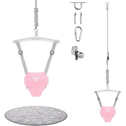 Baby Jumper with a Ceiling Hook for Infant & Toddlers, Kids Door Jumper with Adjustable Chain, Protable Baby Jumpers and Bouncers for Indoor/Outdoor, Baby Doorway Jumper with Soft Rug