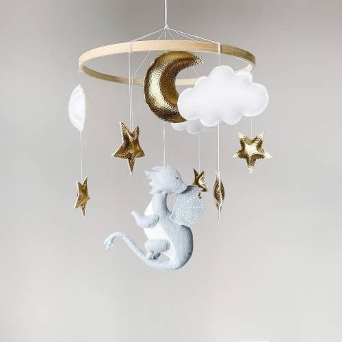 Dragon mobile for crib, Neutral nursery decor moon and stars, Baby shower gift for newborn girl, Gift for baby boy nursery