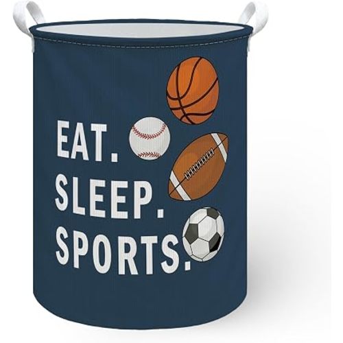 Sports Nursery Laundry Hamper Basket, Toddler Baby Boys Decor Dirty Clothes Hamper, Eat Sleep Sports Room Decor Collapsible Laundry Bin Organizer Storage Basket for Boys Bedroom, 13.8x17.8 Inch