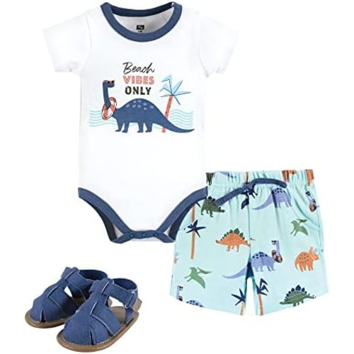 Hudson Baby Unisex Baby Cotton Bodysuit, Shorts and Shoe Set