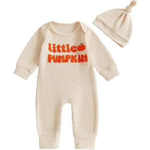 Newborn Infant Baby Boy Halloween Outfit Little Pumpkin Embroidery Romper Waffle Knit Long Sleeve Jumpsuit with Hat