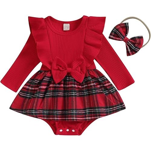 Newborn Baby Girl Fall Winter Outfit Set Plaid Romper Dress Ruffles Long Sleeve Clothes Jumpsuit with Bow Headband