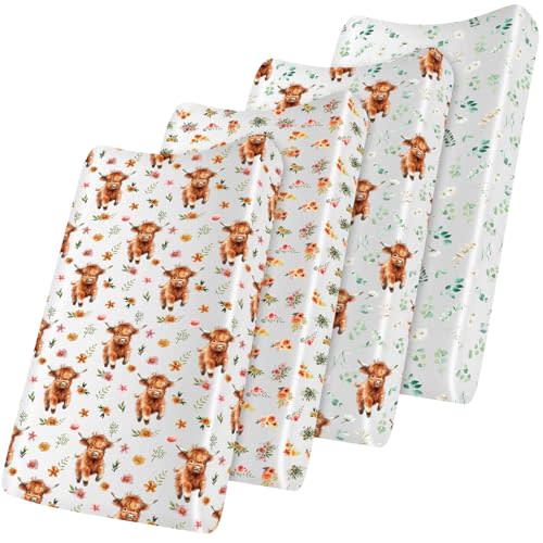 Croknit 4 Pcs Highland Cow Fitted Standard Crib Sheet 52" x 28" Eucalyptus Leaf Changing Pad Cover for Baby Floral Boho Crib Sheets Western Cow Nursery Decor Neutral Flower Diaper Change Table Cover