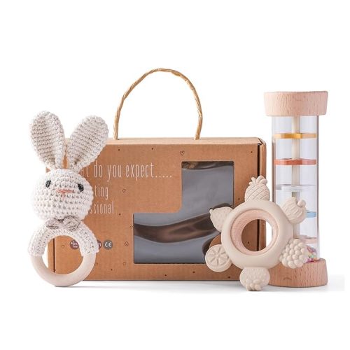 Youuys Wooden Baby Rattle Set (3pcs) - Crochet Rattle Rain Stick Teething Toys, Wooden Montessori Toy for Newborn Infant Baby Rattles Set Toys 3-6-12 Months (Bunny)