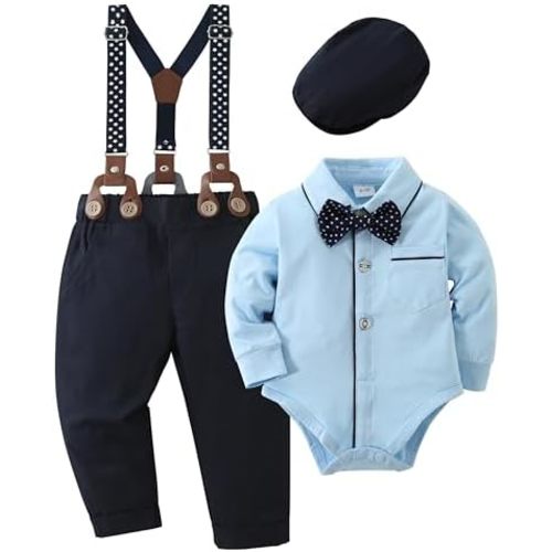 CARETOO Baby Boy Clothes Infant Boy Gentleman Outfits Suit,Dress Shirt + Suspender Pants + Bowtie + Beret Hat Wedding 0-18M