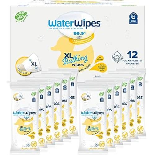 WaterWipes Plastic-Free XL Bathing Wipes for toddlers & babies, 99.9% Water Based Wipes, Unscented & Hypoallergenic for Sensitive Skin, 192 Count (12 pack), Packaging May Vary