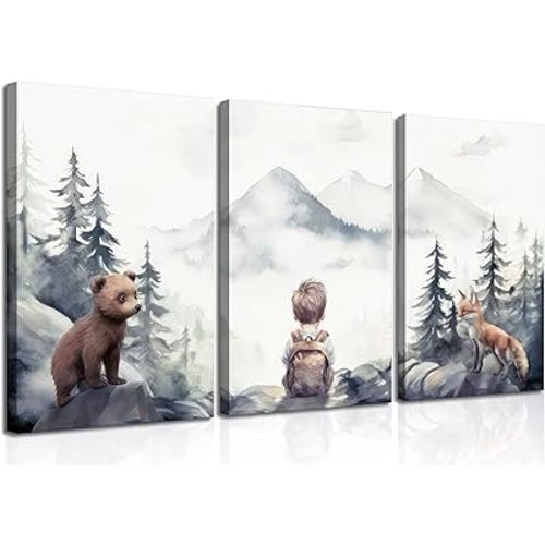 3Pcs Boy Adventure Nursery Canvas Wall Art Woodland Animals Bear & Fox Wall Decor Picture Watercolor Mountain Kid Posters Prints for Classroom Baby Room Decorations (12x16in Canvas)