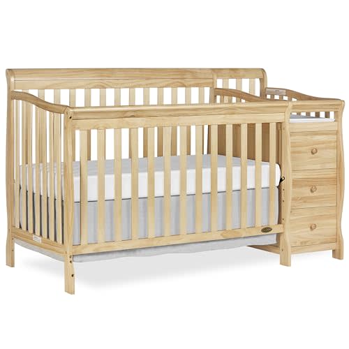 Dream On Me Brody 5-in-1 Convertible Full-Size Baby Crib & 3-Drawer Changer in Natural, Pinewood, GreenGuard Gold & JPMA, 1” Changer Pad, 3 Mattress Heights, Converts to Toddler & Full Size Bed