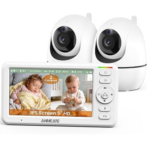 ANMEATE 5" Split Screen Baby Monitor with 2 Cameras, No WiFi Secure FHSS, Remote PTZ, 1000ft Range, 30-Hour Battery, Auto Night Vision, Room Temperature, Two-Way Audio Intercom