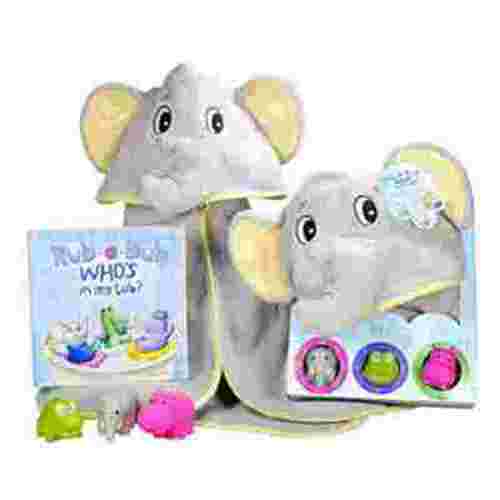 baby gift set- rub a dub, who's in my tub? 5 piece bath set includes elephant hooded towel, 3 jungle safari squirt toys, and book. adorable baby shower gifts for boys and girls!