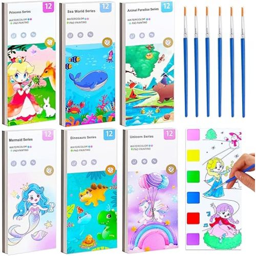 BAOXUE 6 Pack Water Color Paint Sets for Kids,Pocket Watercolor Painting Book,Paint with Water Coloring Books for Toddlers Ages 2 3 4 5 6,Travel Arts and Crafts Kit for Girls Boys 4-8 Year Old