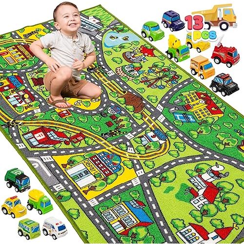 JOYIN Carpet Playmat w/ 12 Cars Pull-Back Vehicle Set for Kids Age 3+, Jumbo Play Room Rug, City Pretend Play Multiple Color