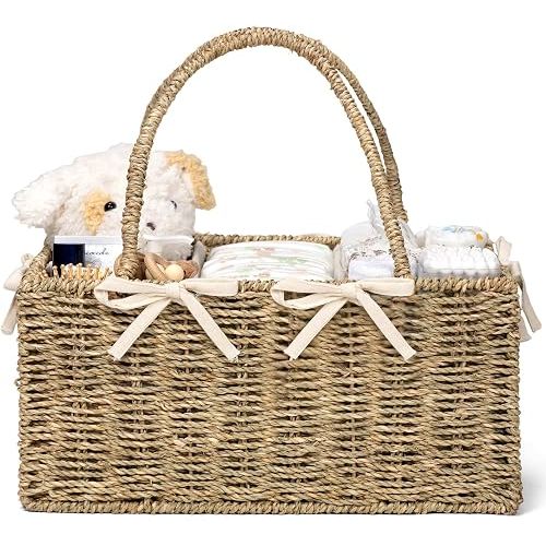 Diaper Caddy Organizer, Large Wicker Nursery Basket, Natural Seagrass