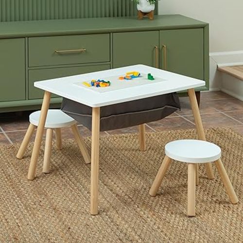 Play Platoon 2 in 1 Toddler Activity Table, Kids Wooden Sensory Play Table and Chair Set with Storage, Building Tables with Reversible Building Brick Top