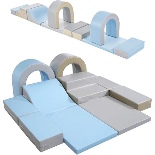 Merax Indoor Climbing Toys for Toddlers, 10-Piece Foam Climbing Blocks Climb & Crawl Tunnel Soft Play Set (Baby Blue)