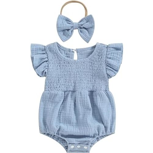 Newborn Baby Girl Clothes Ruffle Sleeve Solid Smocked Bubble Romper Jumpsuit Bow Headband Cute Summer Clothes