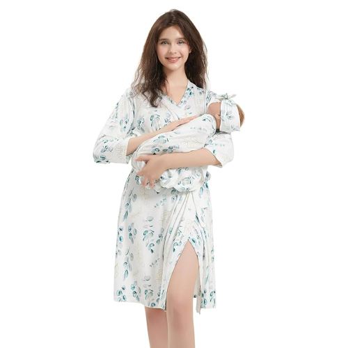 Galabloomer Maternity Robe and Baby Receiving Blanket, Matching Mommy Labor Delivery Robe and Swaddle Set (m, gold leaf)