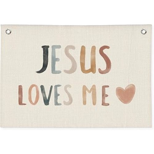Bible Verses for Nursery Decor, Jesus Loves Me for Kids Wall Art Canvas Banner, Boho Inspirational Banner Wall Hanging Banner Flag for Baby Kids Bedroom Playroom