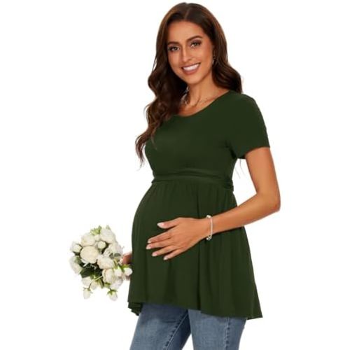 Women's Maternity Tops Short & Long Sleeve Pleated Waist Shirts Pregnancy Clothes
