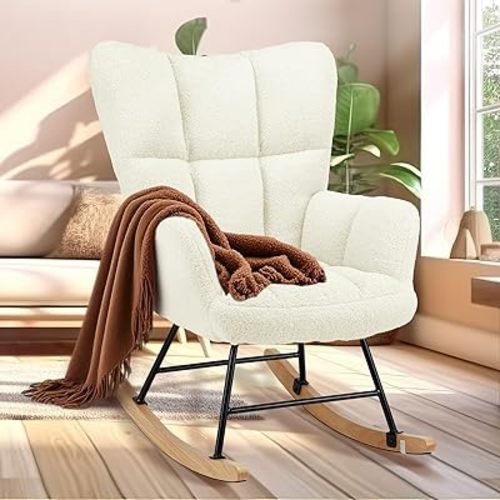 Simple Deluxe Nursery Rocking Chairs, Teddy Upholstered Glider Recliner Rocking Chair with High Backrest Armchair, Comfy Reading Small Accent Side Chair for Nursing, Living Room, Bedroom, White