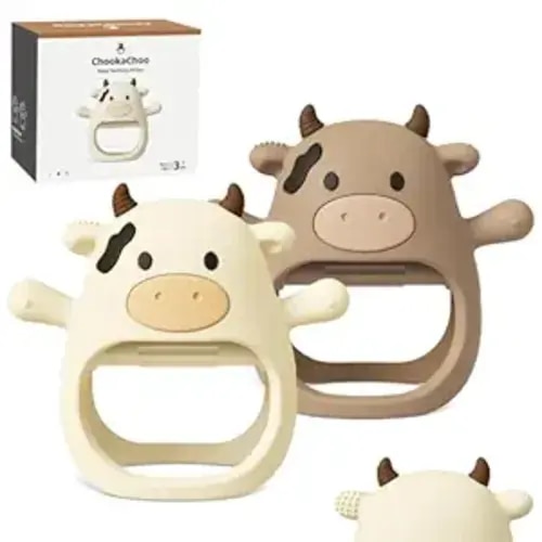 2 Pack Baby Teething Toy for Over 3 Months, Food Grade Silicone Teething Mitten, Anti Dropping Wrist Hand Teethers Baby Chew Toys for Sucking Needs, BPA Free (MooMoo Cow)