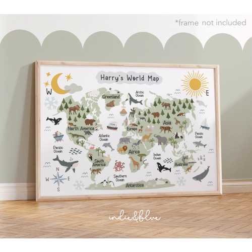 Personalised World Map Print UNFRAMED, Animal World Map, Kids Poster, Scandi Kids Decor, Educational Poster, Playroom Prints, Kids Wall Art