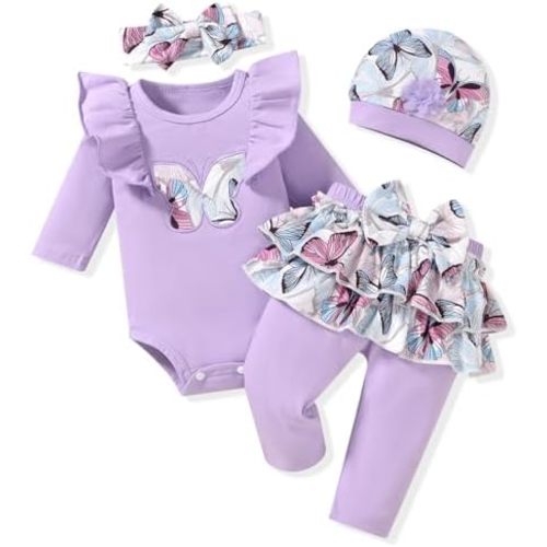 fioukiay Newborn Baby Girl Clothes Infant Girls Floral Love Printed Romper and Ruffle Pants Sets 4pcs Winter Fall Outfits