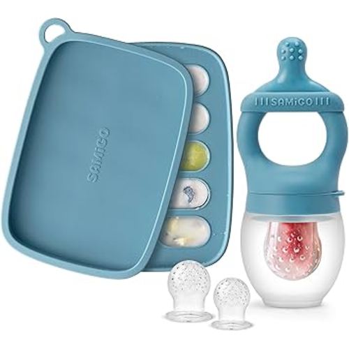 SAMiGO Baby Food Fruit Feeder and Breastmilk Popsicle Mold Set, Silicone Fruit Teether, Food Feeder Pacifier for Teething Relief, Freezer Tray, Baby Feeding Essentials, 4 Months+
