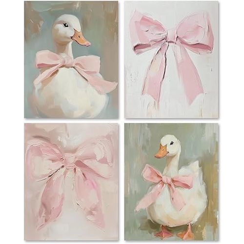 Foritho Retro Pink Coquette Bow Duck Wall Art Prints 8x10 Set of 4, Coquette Preppy Room Decor, Watercolor Cute Girly Duck Wall Decor Pictures Posters for Girls Dorm Bedroom Apartment, Unframed