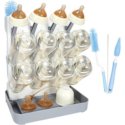 Baby Bottle Drying Racks Vertical Bottle Dryer Holder Baby Accessories Storage Stand Organize Brushes Pacifiers on Countertop with 3 Pack Bottle Brush Cleaning Set BPA-Free