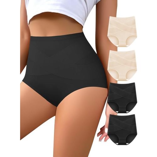 Women's High Waisted Underwear Slightly Tummy Control Cotton Panties Full Coverage Postpartum Briefs 4 Pack