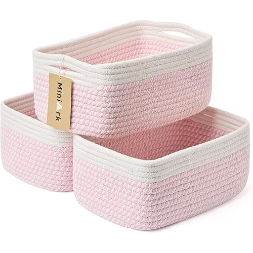 Small Storage Baskets for Organizing | Closet Organizer Bins | Shelf Toy Basket | Woven Rope Baskets | Cube Decorative Box | Shallow Basket | 13x8.5x5.1” | 3 Packs White Pink