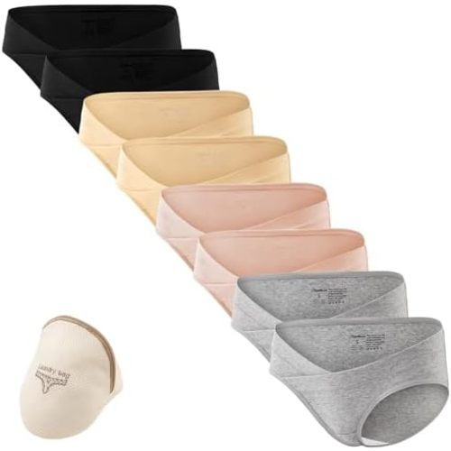 Angelhood Cotton Maternity Underwear Under Bump, Healthy Pregnancy Panties Postpartum Underwear 8 Pack with Laundry Bag