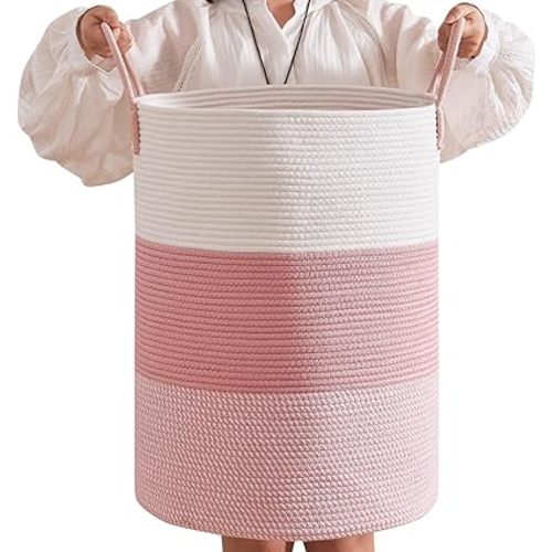 CLHMILY&Z 80L Laundry Basket Round Storage Rope Basket - 16.5x22.5 Inches - Pink Hamper in Bedreoom and Cute Storage Bin for Blankets, Toys, and Nursery Essentials