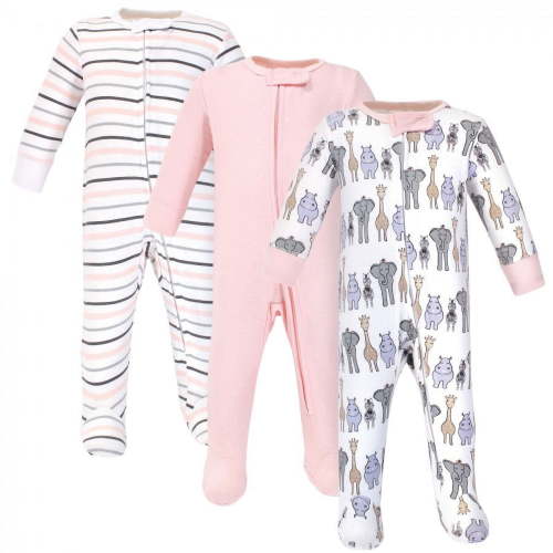 Hudson Baby Infant Girl Cotton Zipper Sleep and Play 3pk, Pink Safari, 3-6 Months