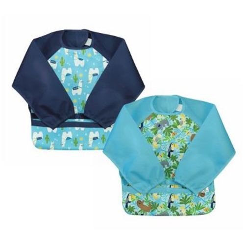 Green Sprouts Snap & Go Easy-wear Long Sleeve Bib (2 Pack)-aqua Watercolor Butterflies & Aqua Dino Jungle-2t-4t