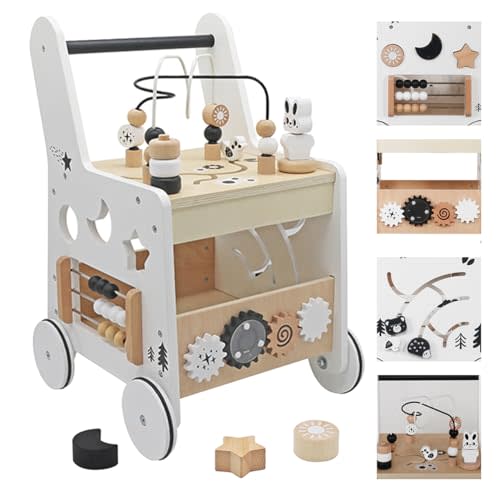 Touch Us Wooden Baby Walker - 5in1 Montessori Activity Cubes, Baby Push Walker for Toddler, 1+ Year Old Boy Girl | Sorting & Stacking Toys, Bead Mazes & Counting Toys
