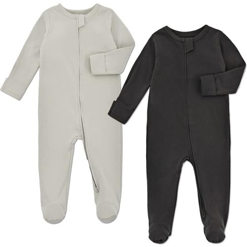 Aablexema Baby Pajamas with Feet and Mittens 2-Pack Zip Up Infant Cotton Long Sleeve Footies Sleep and Play - Light Grey & Black Grey - 6-12 Months