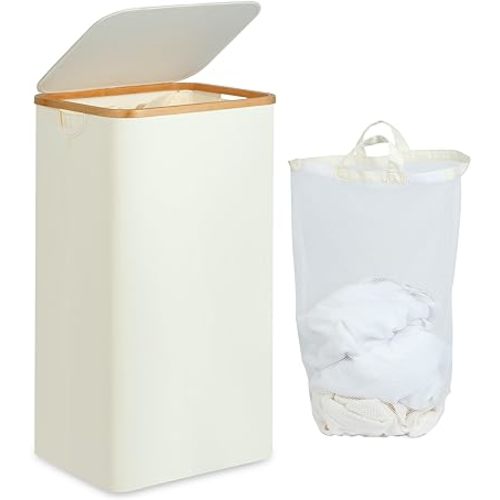 Laundry Basket with Lid and Removable Bag, 100L Tall Laundry Hamper with Bamboo Handles, Aesthetic Dirty Clothes Bin for Laundry Room, Bathroom, Bedroom and Dorm, Beige