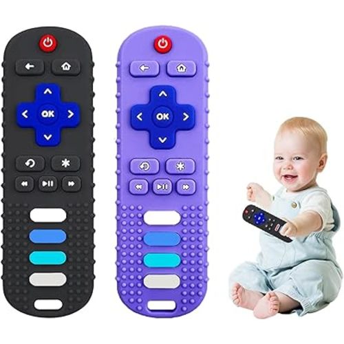 2-Pack Baby Teething Toys-TV Remote Control Shape Silicone Infants Teething Toys for Babies 0-18 Months,BPA-Free (L-Purple+Black)