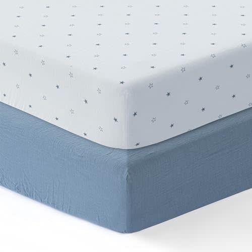Dreamology Cotton Crib Sheets Boys, Girls, Super Soft, Breathable 2-Pack Baby Mattress Sheets,100% Cotton Crib Sheets for Standard Cribs and Use as Toddler Bed Sheets 52x28 | Blue and Stars