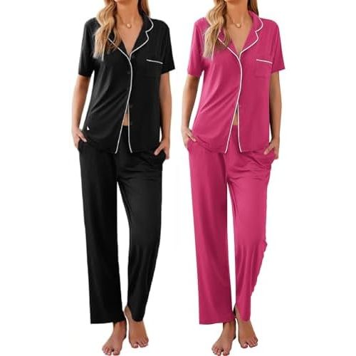 Ekouaer 2 Pack:Womens Pajamas Short Sleeve Pjs Notch Collar Button Up Loungewear Cozy Sleepwear Sets