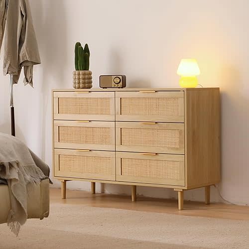 Rattan Dresser for Bedroom, Modern 6 Drawer Double Dresser with Gold Handles, Wood Storage Chest of Drawers fo Bedroom,Living Room,Hallway (Natural)