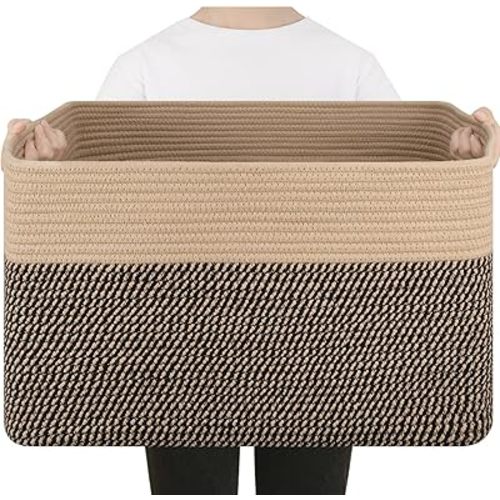 75L Large Blanket Basket, Toy Basket Bin for Kids, Cotton Rope Woven Storage Basket for Living Room, Bedroom, Nursery, Baby Room Decorative Organizer, 22''×17''×12'', Brown & Black
